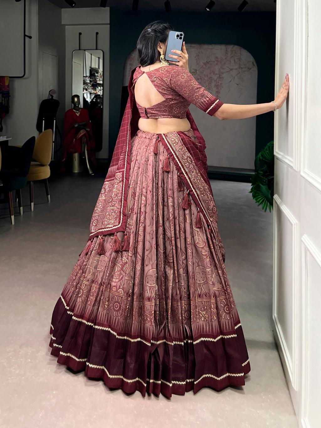 Lorenvalley Fashion Maroon Tasar Silk Kalamkari Print With Lace Border Lehenga Choli with Dupatta - Distacart