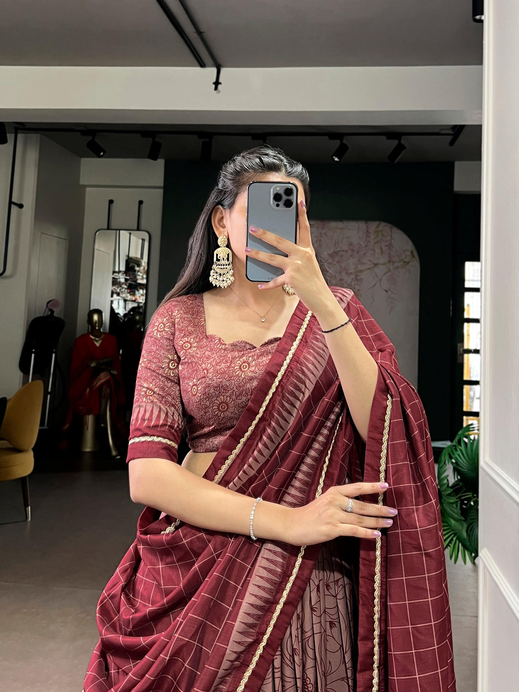 Lorenvalley Fashion Maroon Tasar Silk Kalamkari Print With Lace Border Lehenga Choli with Dupatta - Distacart