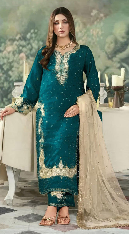 Anaita Teal Jimmy Choo Suit With Embroidery & Sequence Work
