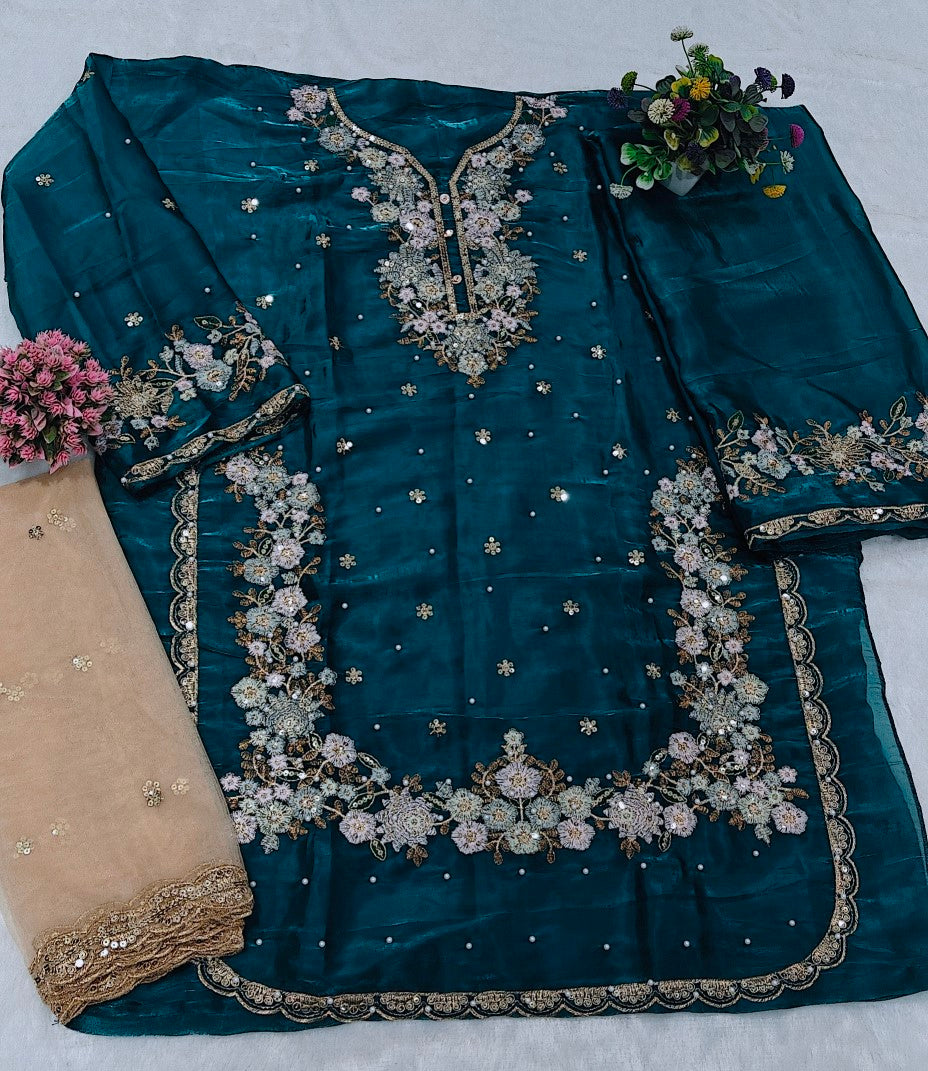 Anaita Teal Jimmy Choo Suit With Embroidery & Sequence Work - Distacart