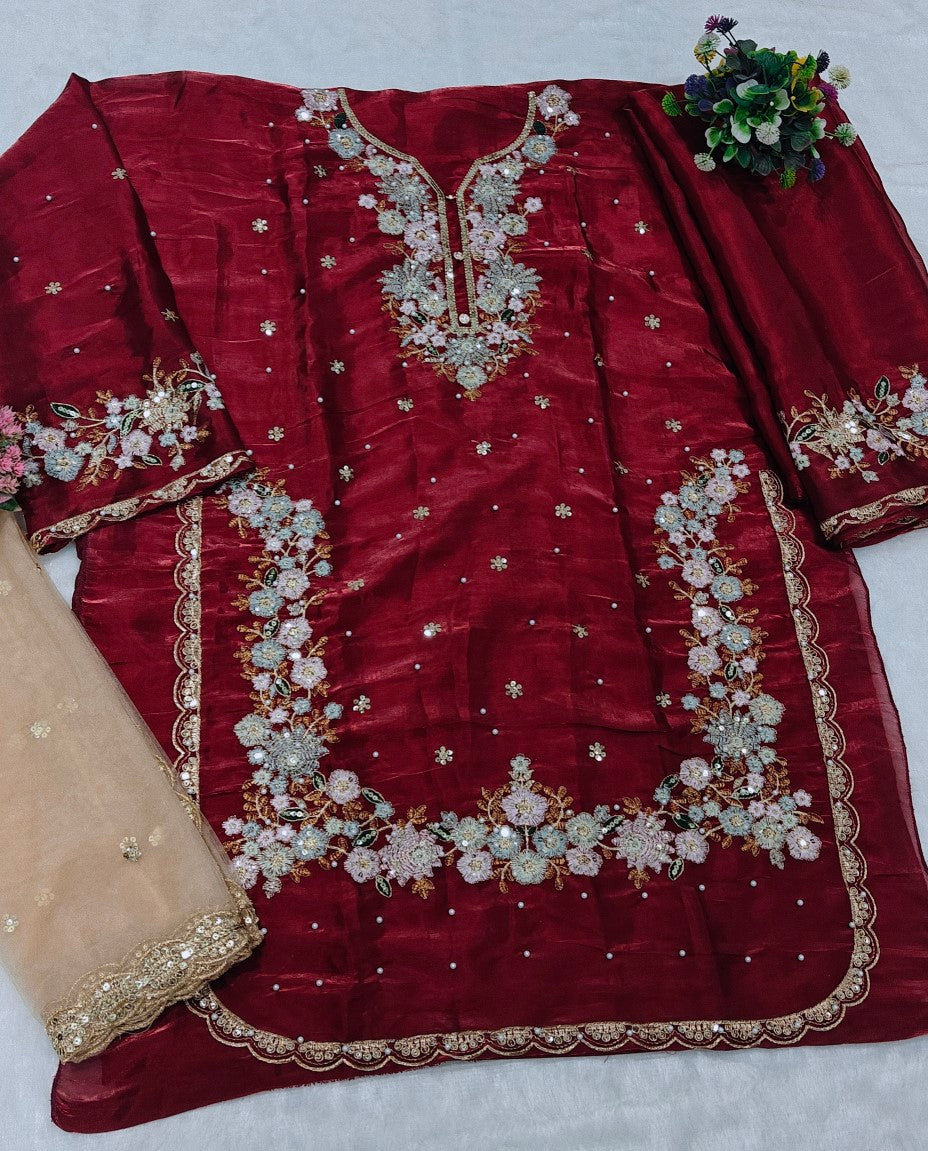 Anaita Maroon Jimmy Choo Suit With Embroidery & Sequence Work - Distacart