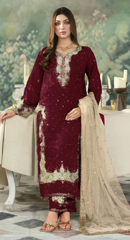 Anaita Maroon Jimmy Choo Suit With Embroidery & Sequence Work