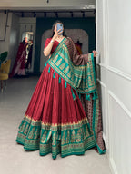 Lorenvalley Fashion Red Tasar Silk Print With Foil Print Lehenga Choli with Dupatta