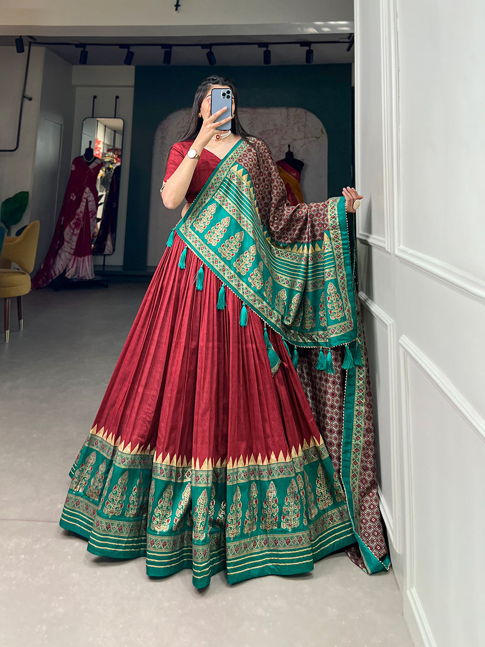 Lorenvalley Fashion Red Tasar Silk Print With Foil Print Lehenga Choli with Dupatta