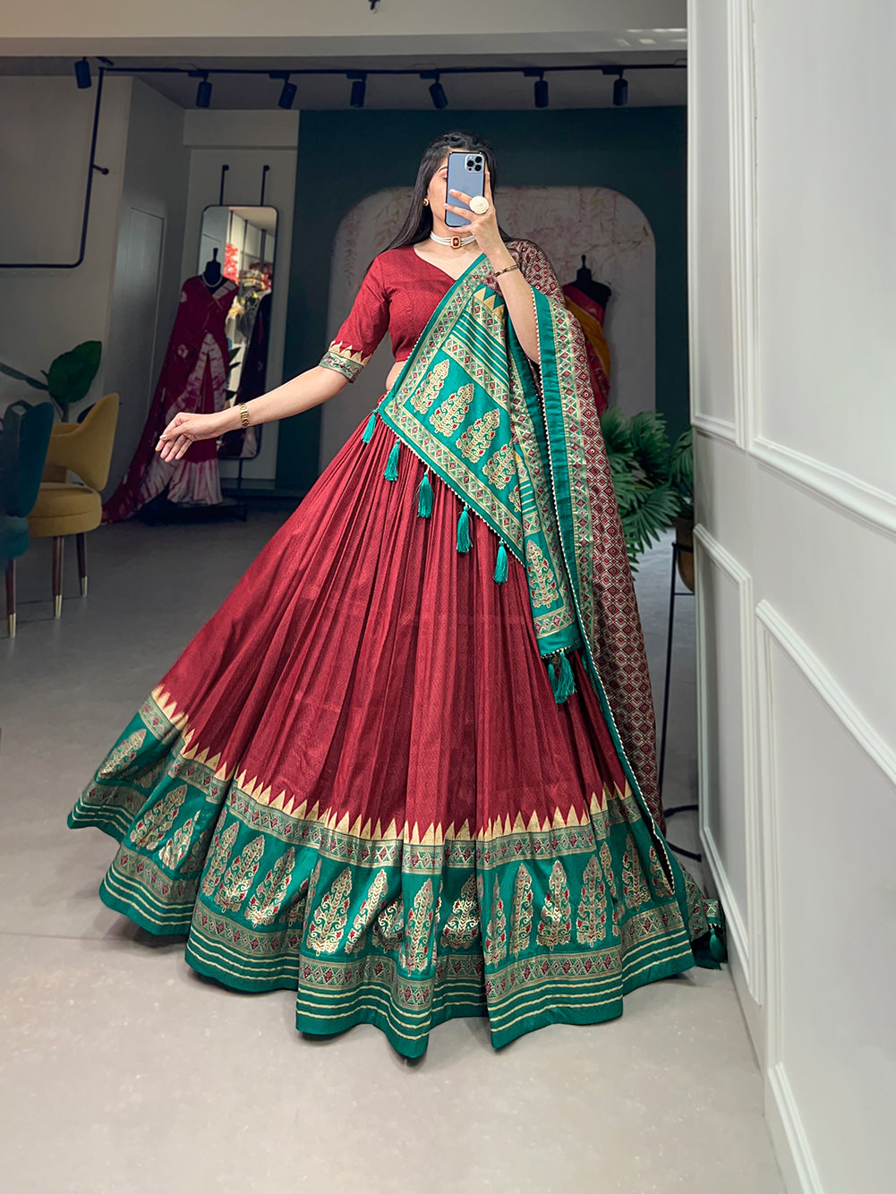 Lorenvalley Fashion Red Tasar Silk Print With Foil Print Lehenga Choli with Dupatta