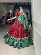 Lorenvalley Fashion Red Tasar Silk Print With Foil Print Lehenga Choli with Dupatta