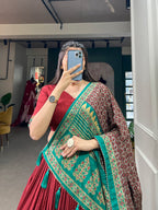 Lorenvalley Fashion Red Tasar Silk Print With Foil Print Lehenga Choli with Dupatta