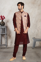 Raivat Ethnic Art Banarasi Silk Printed Work 3 Pics Jacket Set In Cream Colour
