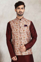 Raivat Ethnic Art Banarasi Silk Printed Work 3 Pics Jacket Set In Cream Colour