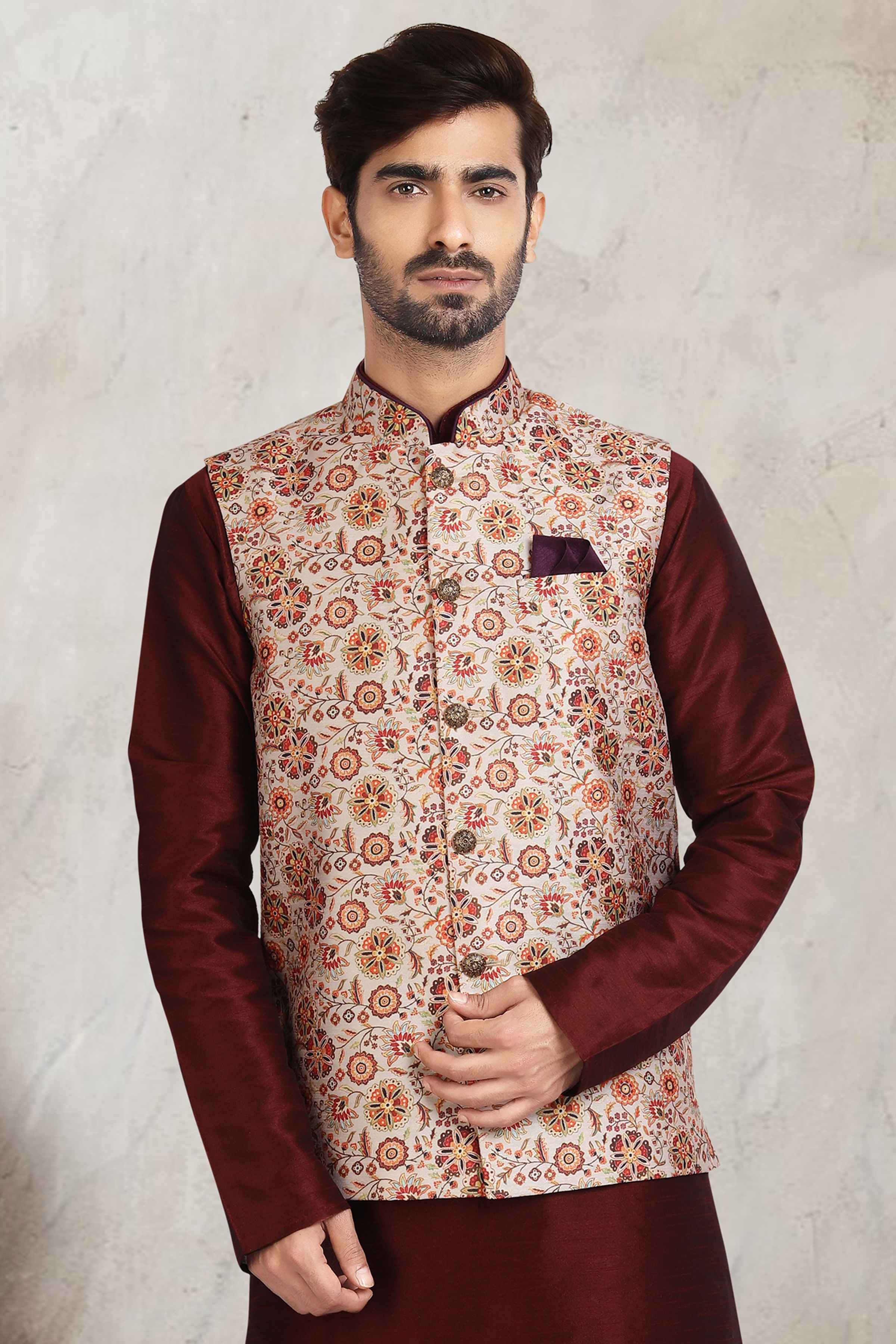 Raivat Ethnic Art Banarasi Silk Printed Work 3 Pics Jacket Set In Cream Colour