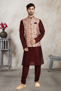 Raivat Ethnic Art Banarasi Silk Printed Work 3 Pics Jacket Set In Cream Colour