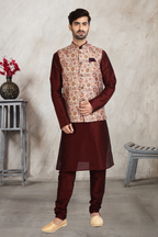 Raivat Ethnic Art Banarasi Silk Printed Work 3 Pics Jacket Set In Cream Colour