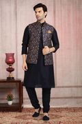 Raivat Ethnic Art Banarasi Silk Printed Work 3 Pics Jacket Set In Blue Colour