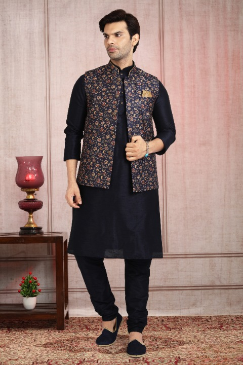 Raivat Ethnic Art Banarasi Silk Printed Work 3 Pics Jacket Set In Blue Colour