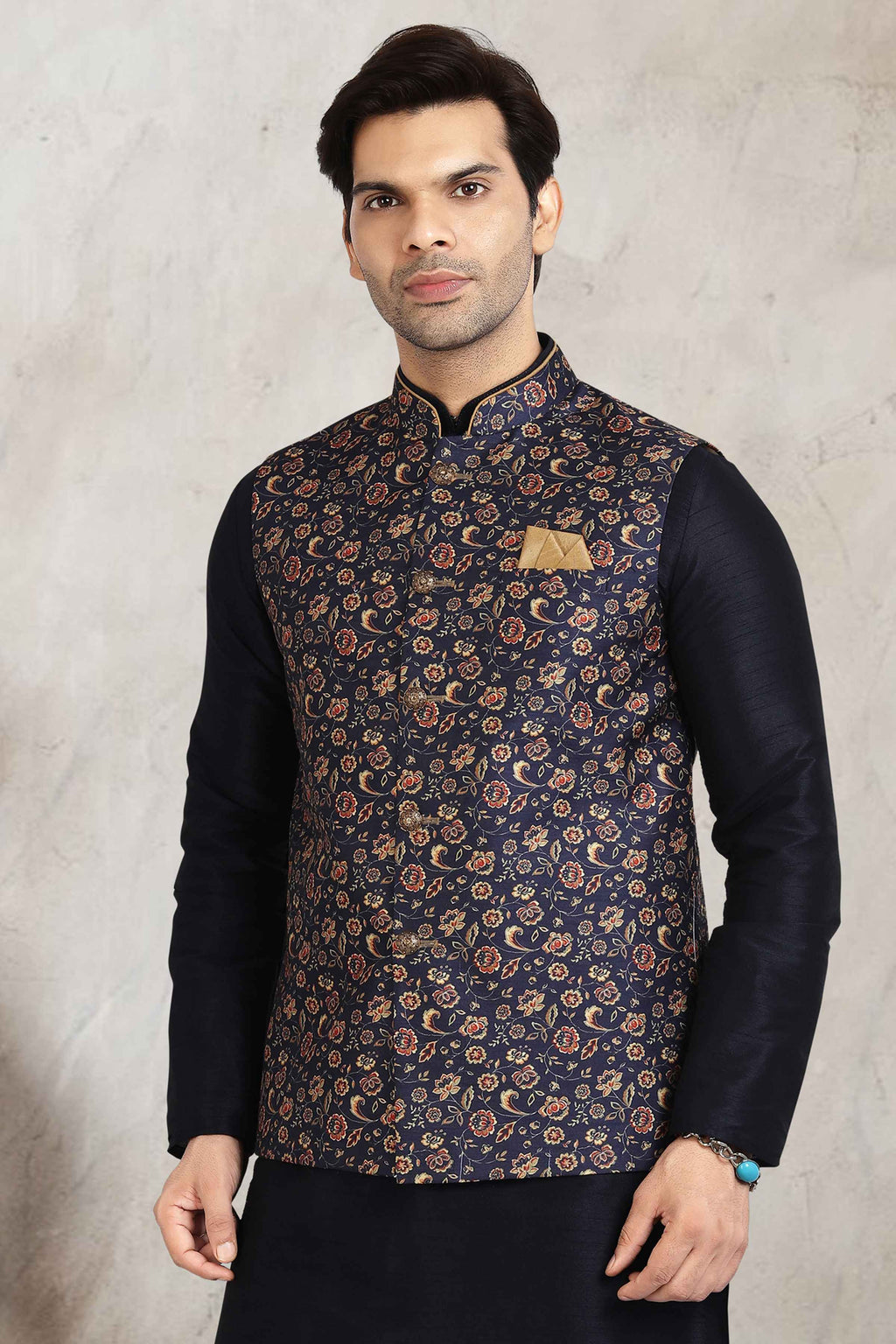 Raivat Ethnic Art Banarasi Silk Printed Work 3 Pics Jacket Set In Blue Colour
