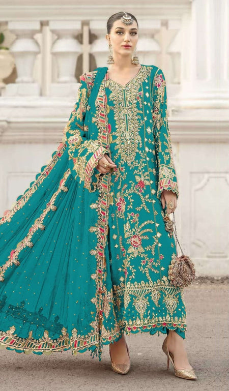 Anaita Turquoise Silk Suit With Embroidery & Sequence Work