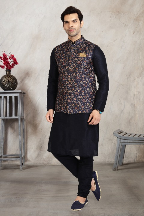 Raivat Ethnic Art Banarasi Silk Printed Work 3 Pics Jacket Set In Blue Colour