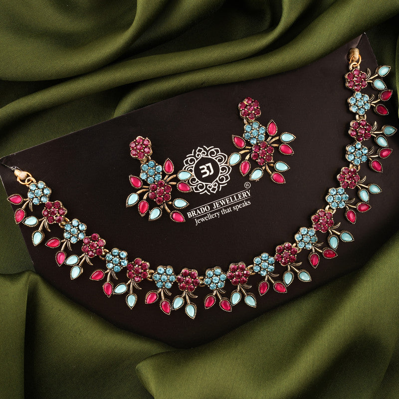 Tehzeeb Creations Brass Gold-Polished Gold, Pink, Blue Jewel Set