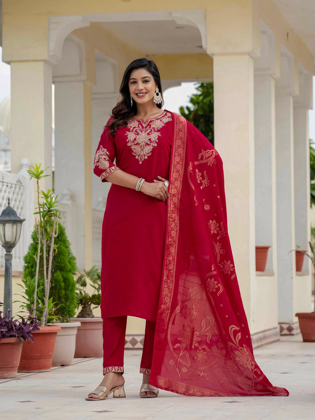 Vedant Vastram Roman Silk Embroidery & Sequence Work Stitched Kurta Pant Dupatta Set-Maroon - Distacart
