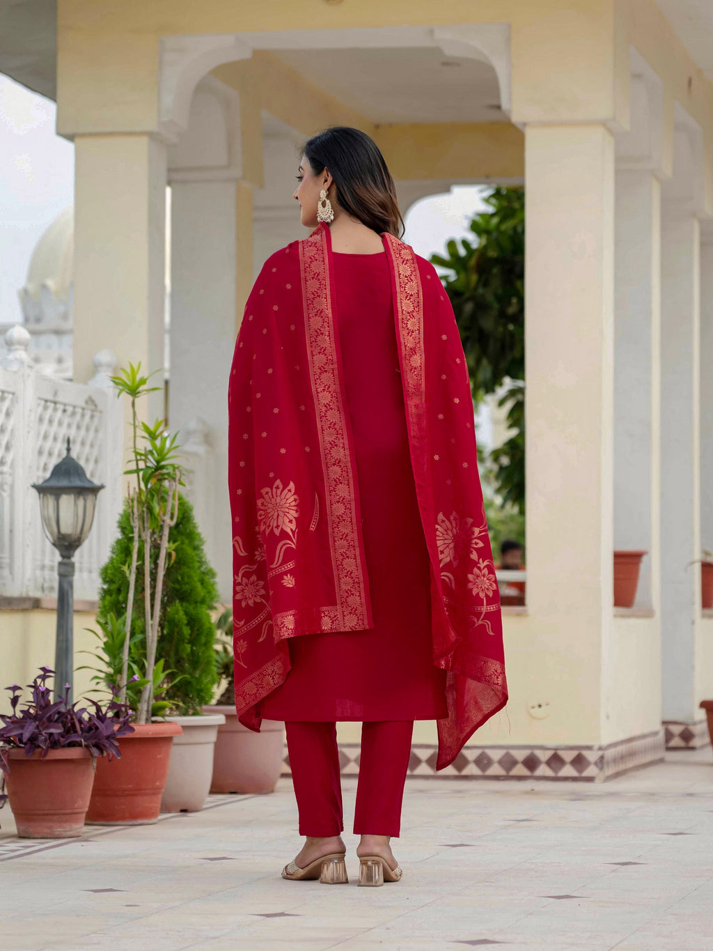 Vedant Vastram Roman Silk Embroidery & Sequence Work Stitched Kurta Pant Dupatta Set-Maroon - Distacart