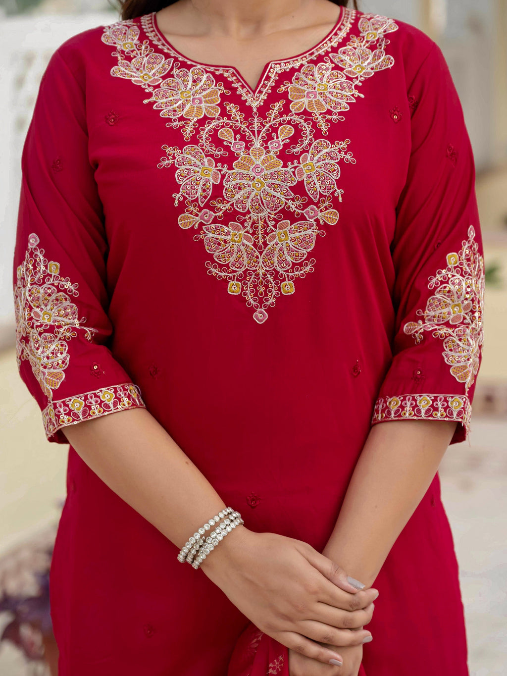 Vedant Vastram Roman Silk Embroidery & Sequence Work Stitched Kurta Pant Dupatta Set-Maroon - Distacart