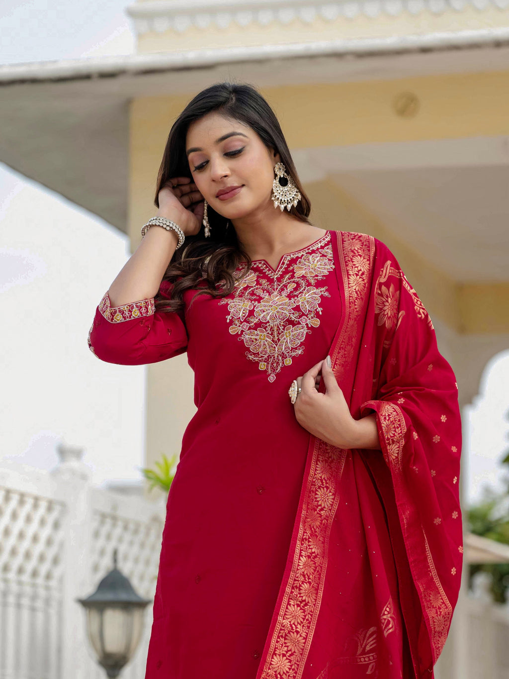 Vedant Vastram Roman Silk Embroidery & Sequence Work Stitched Kurta Pant Dupatta Set-Maroon - Distacart