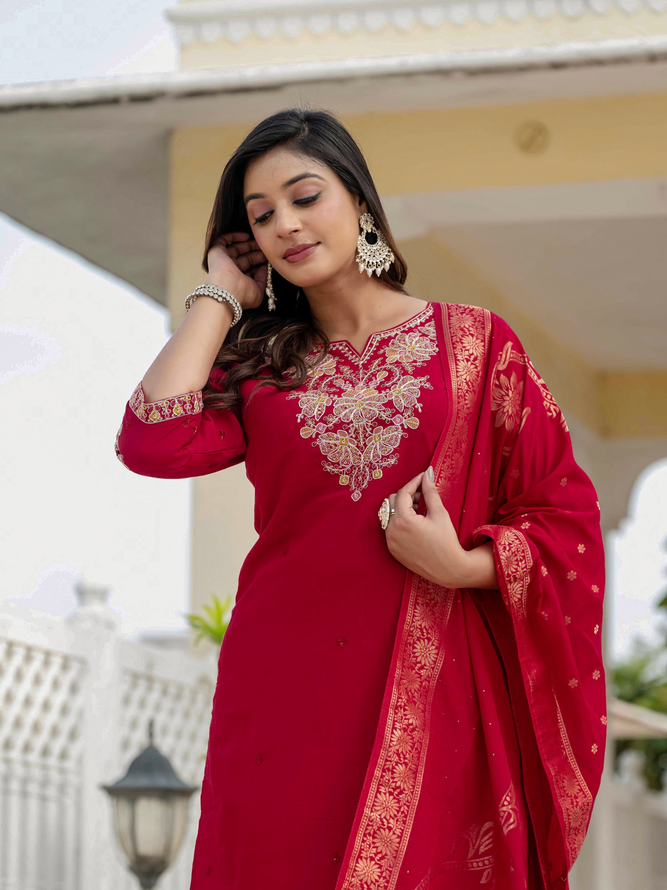 Vedant Vastram Roman Silk Embroidery & Sequence Work Stitched Kurta Pant Dupatta Set-Maroon - Distacart