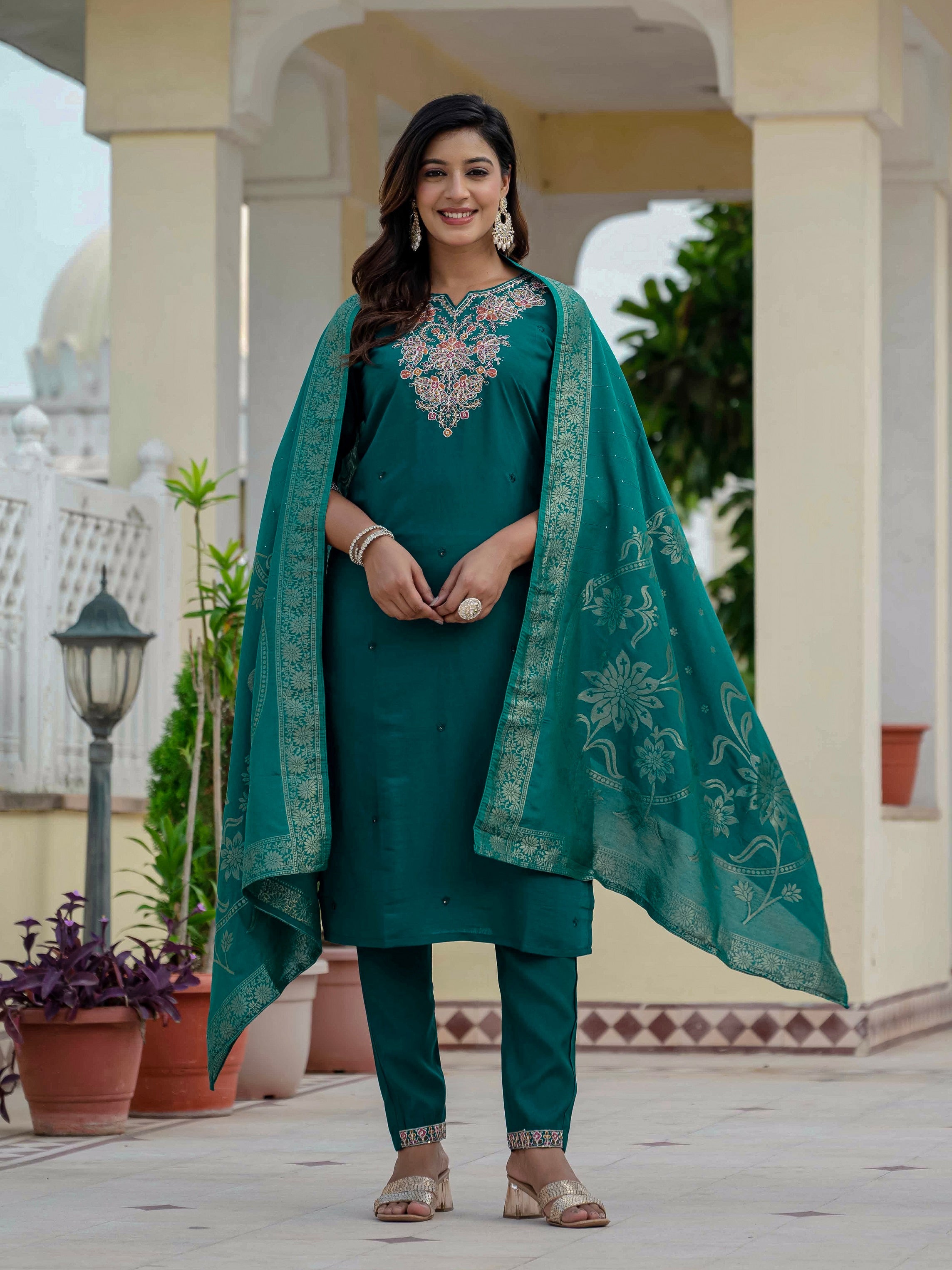 Vedant Vastram Roman Silk Embroidery & Sequence Work Stitched Kurta Pant Dupatta Set-Rama Green - Distacart