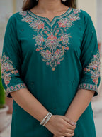 Vedant Vastram Roman Silk Embroidery & Sequence Work Stitched Kurta Pant Dupatta Set-Rama Green - Distacart