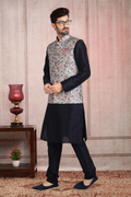 Raivat Ethnic Art Banarasi Silk Printed Work 3 Pics Jacket Set In Sky Blue Colour