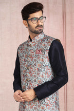Raivat Ethnic Art Banarasi Silk Printed Work 3 Pics Jacket Set In Sky Blue Colour