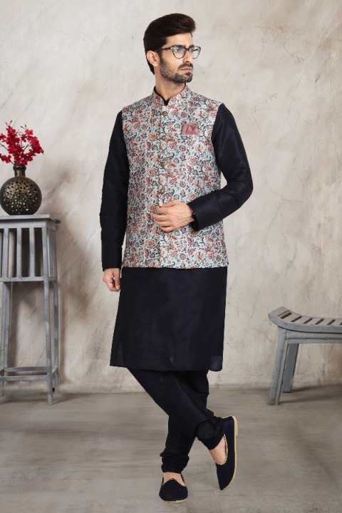 Raivat Ethnic Art Banarasi Silk Printed Work 3 Pics Jacket Set In Sky Blue Colour