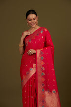 Monjolika Fashion Dark Pink Banarasi Silk Blend SareeWith Zari Woven Detailing - Distacart