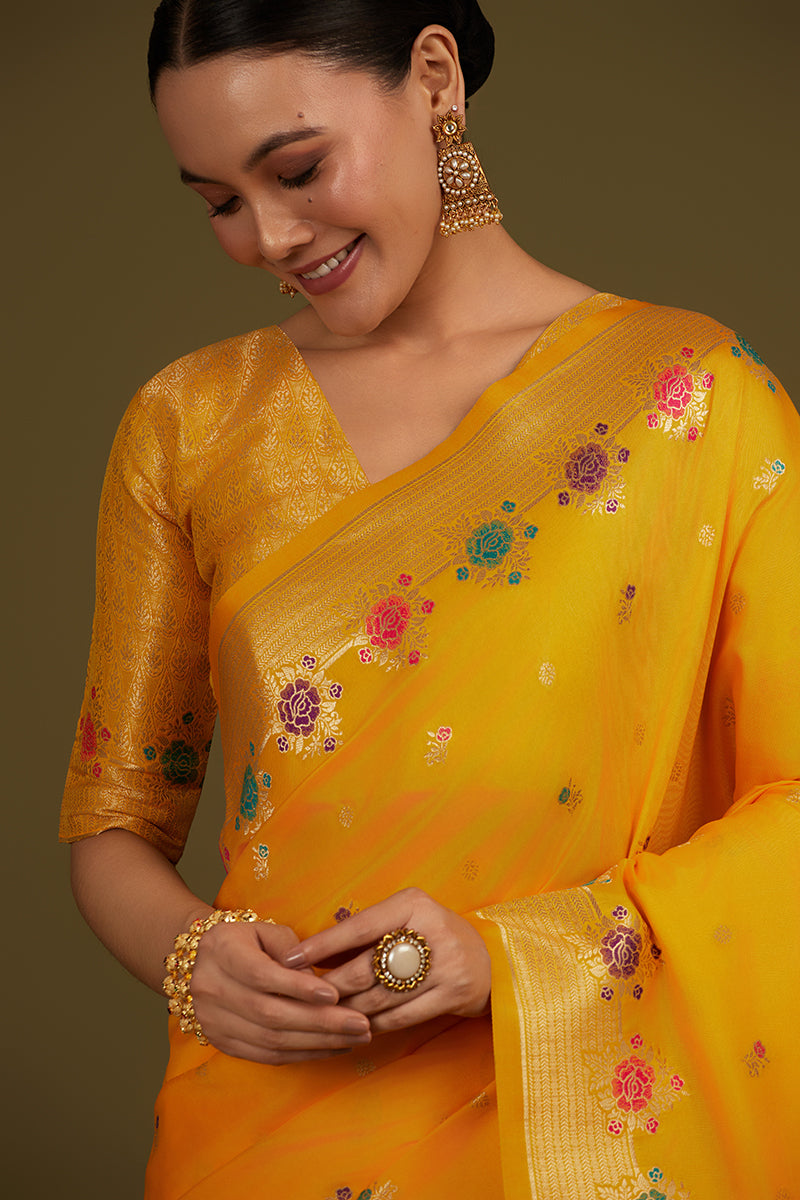 Monjolika Fashion Yellow Banarasi Silk Blend SareeWith Zari Woven Detailing - Distacart