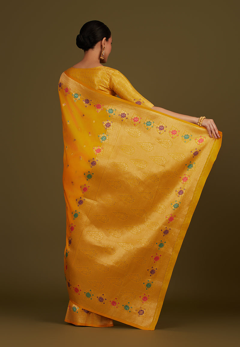 Monjolika Fashion Yellow Banarasi Silk Blend SareeWith Zari Woven Detailing - Distacart