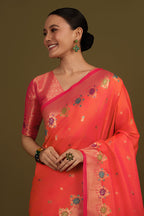 Monjolika Fashion Dark Peach Banarasi Silk Blend SareeWith Zari Woven Detailing - Distacart