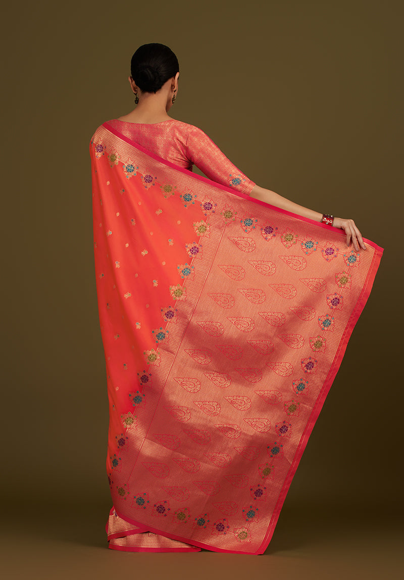 Monjolika Fashion Dark Peach Banarasi Silk Blend SareeWith Zari Woven Detailing - Distacart