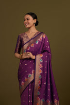Monjolika Fashion Dark Violet Banarasi Silk Blend SareeWith Zari Woven Detailing - Distacart