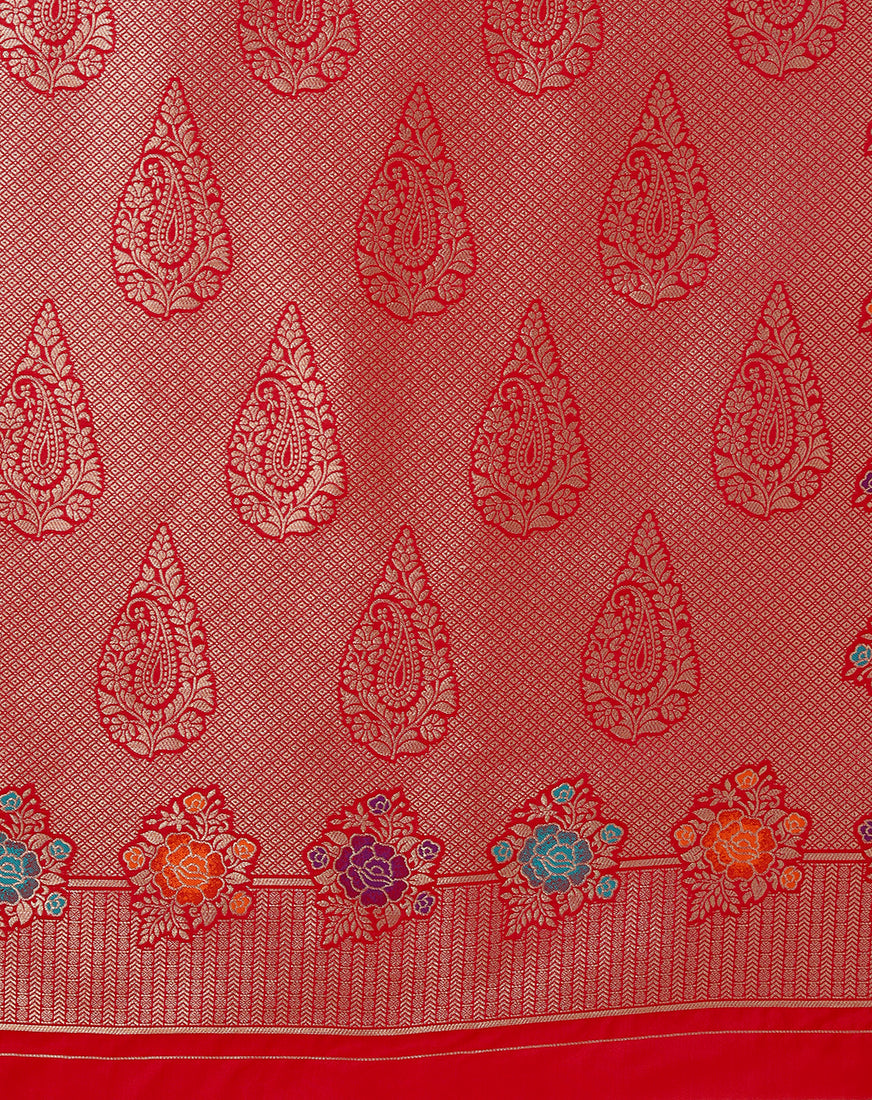 Monjolika Fashion Red Banarasi Silk Blend SareeWith Zari Woven Detailing - Distacart