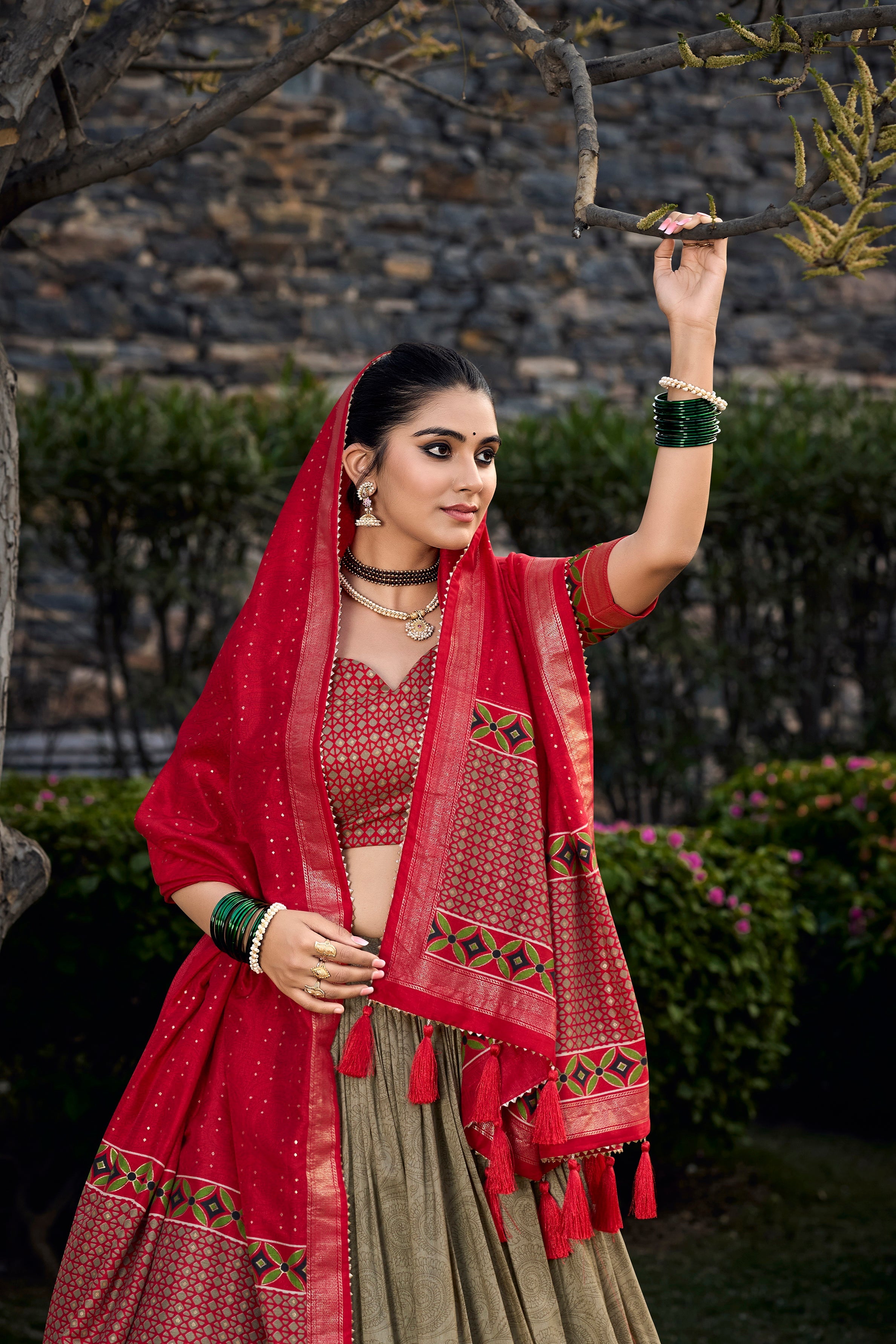 Lorenvalley Maroon and Brown Tussar Silk Floral Print with Foil Printed Lehenga Choli
