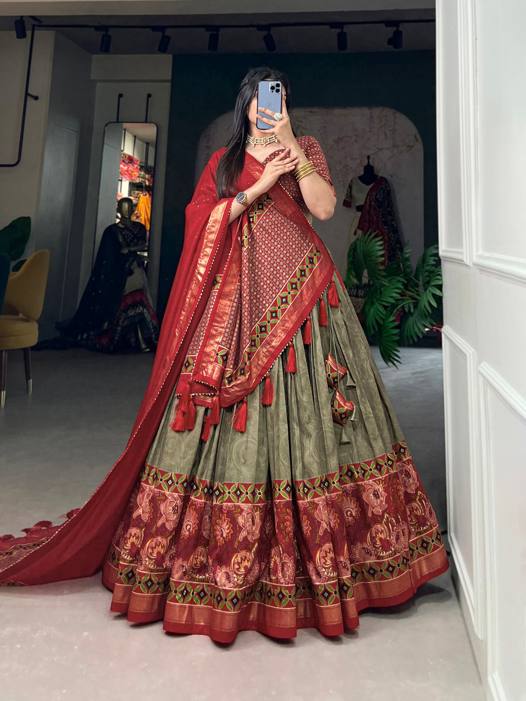 Lorenvalley Maroon and Brown Tussar Silk Floral Print with Foil Printed Lehenga Choli