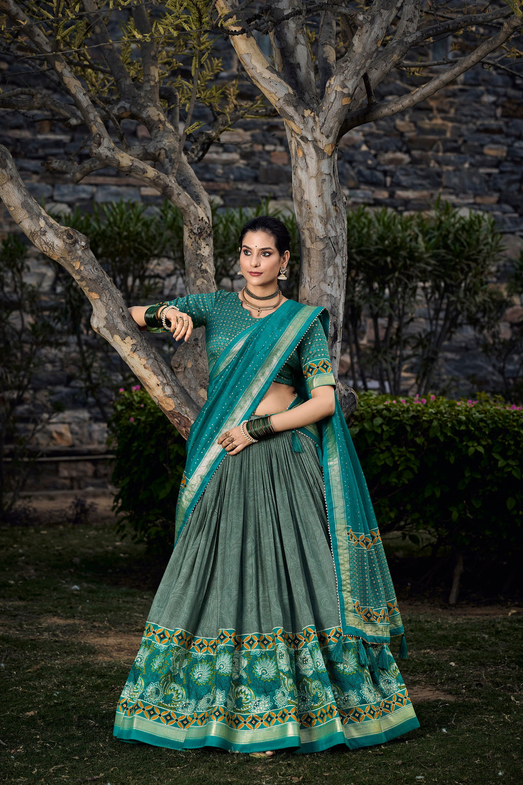 Lorenvalley Seagreen Tussar Silk Floral Print with Foil Printed Lehenga Choli