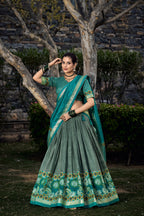 Lorenvalley Seagreen Tussar Silk Floral Print with Foil Printed Lehenga Choli