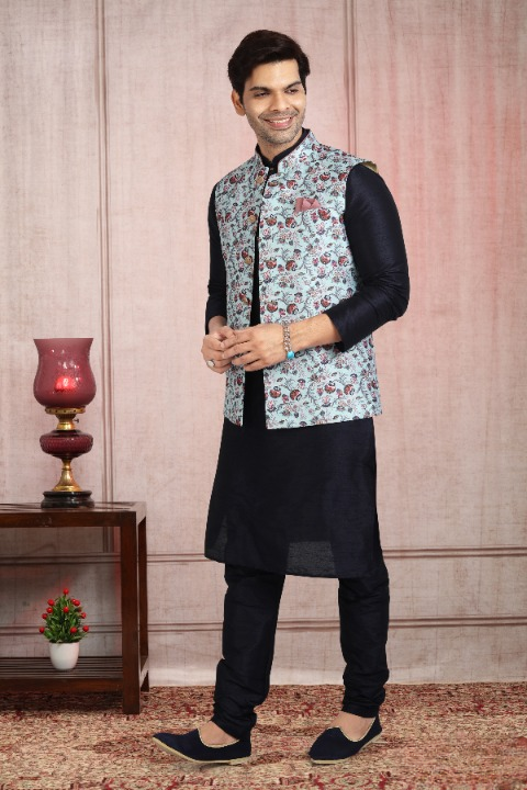 Raivat Ethnic Art Banarasi Silk Printed Work 3 Pics Jacket Set In Sky Blue Colour