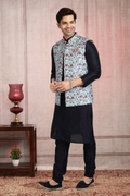 Raivat Ethnic Art Banarasi Silk Printed Work 3 Pics Jacket Set In Sky Blue Colour