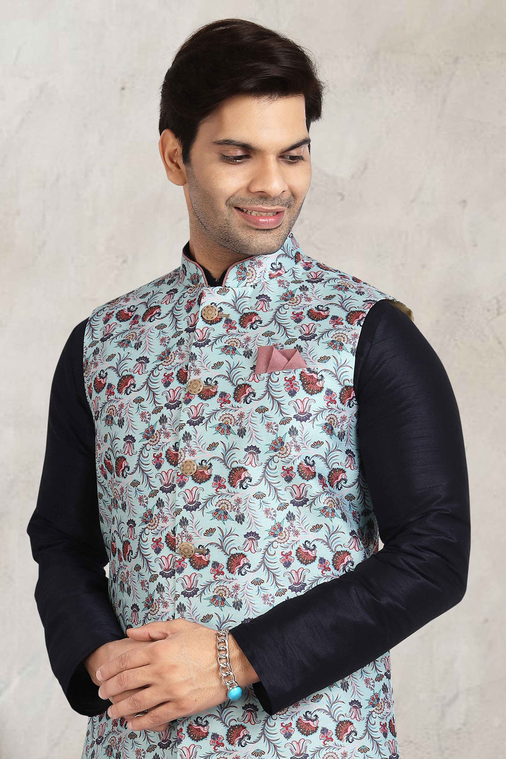 Raivat Ethnic Art Banarasi Silk Printed Work 3 Pics Jacket Set In Sky Blue Colour