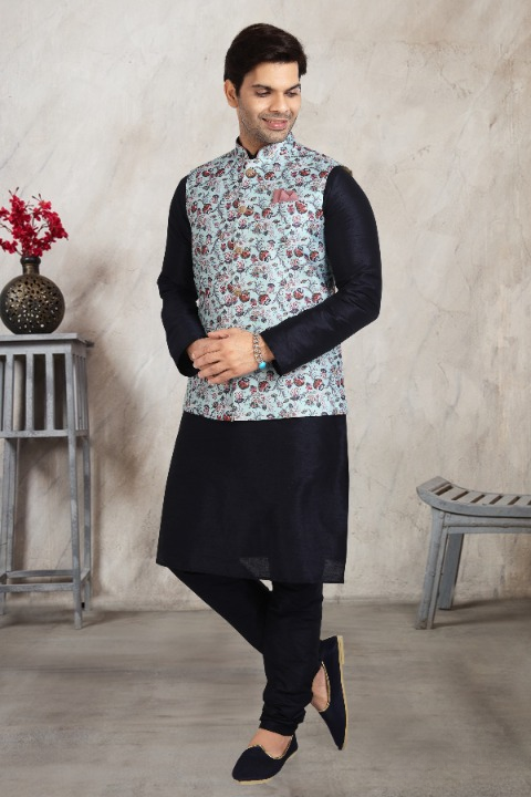 Raivat Ethnic Art Banarasi Silk Printed Work 3 Pics Jacket Set In Sky Blue Colour