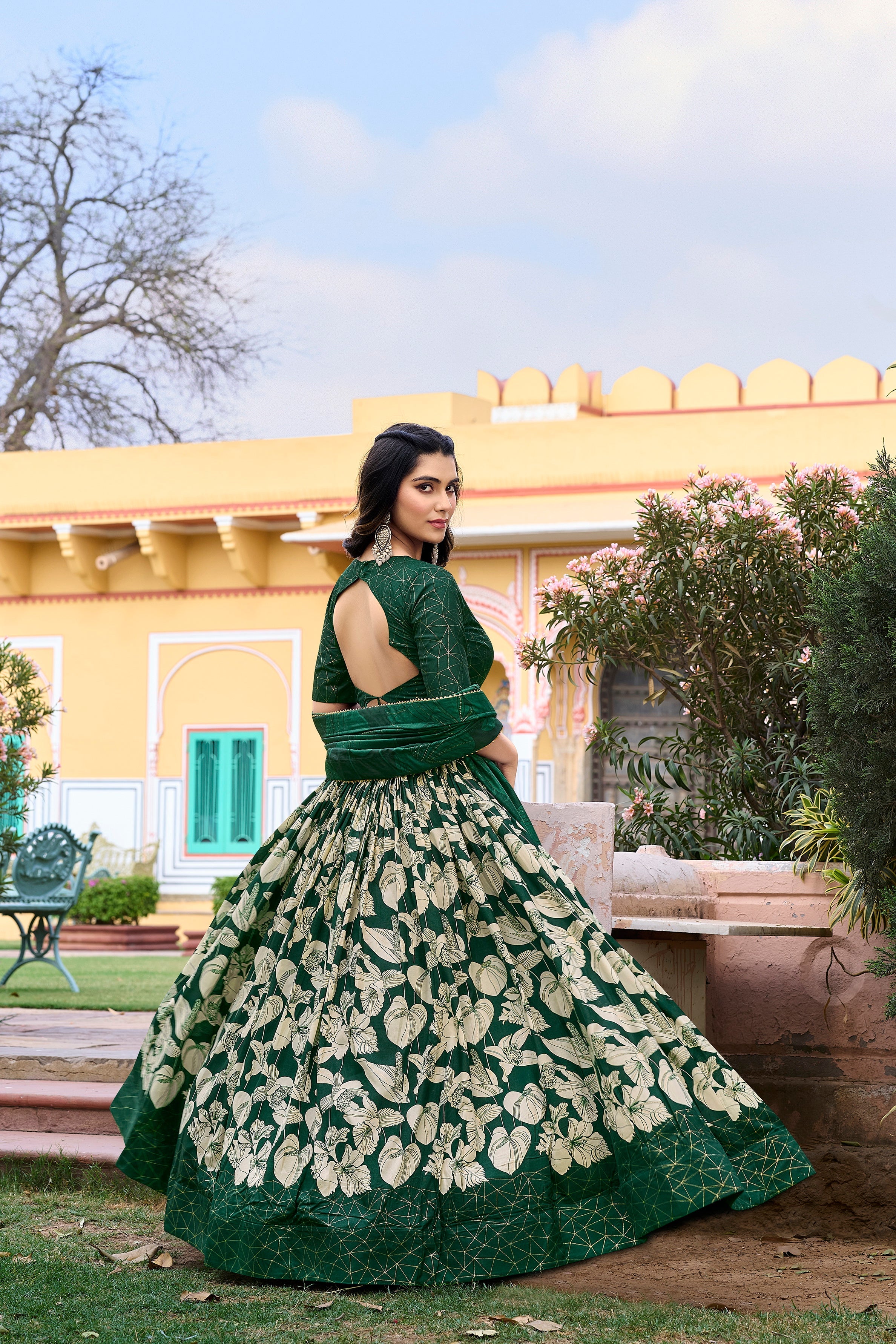 Lorenvalley Green Tussar Silk Floral Printed with Foil Printed Lehenga Choli