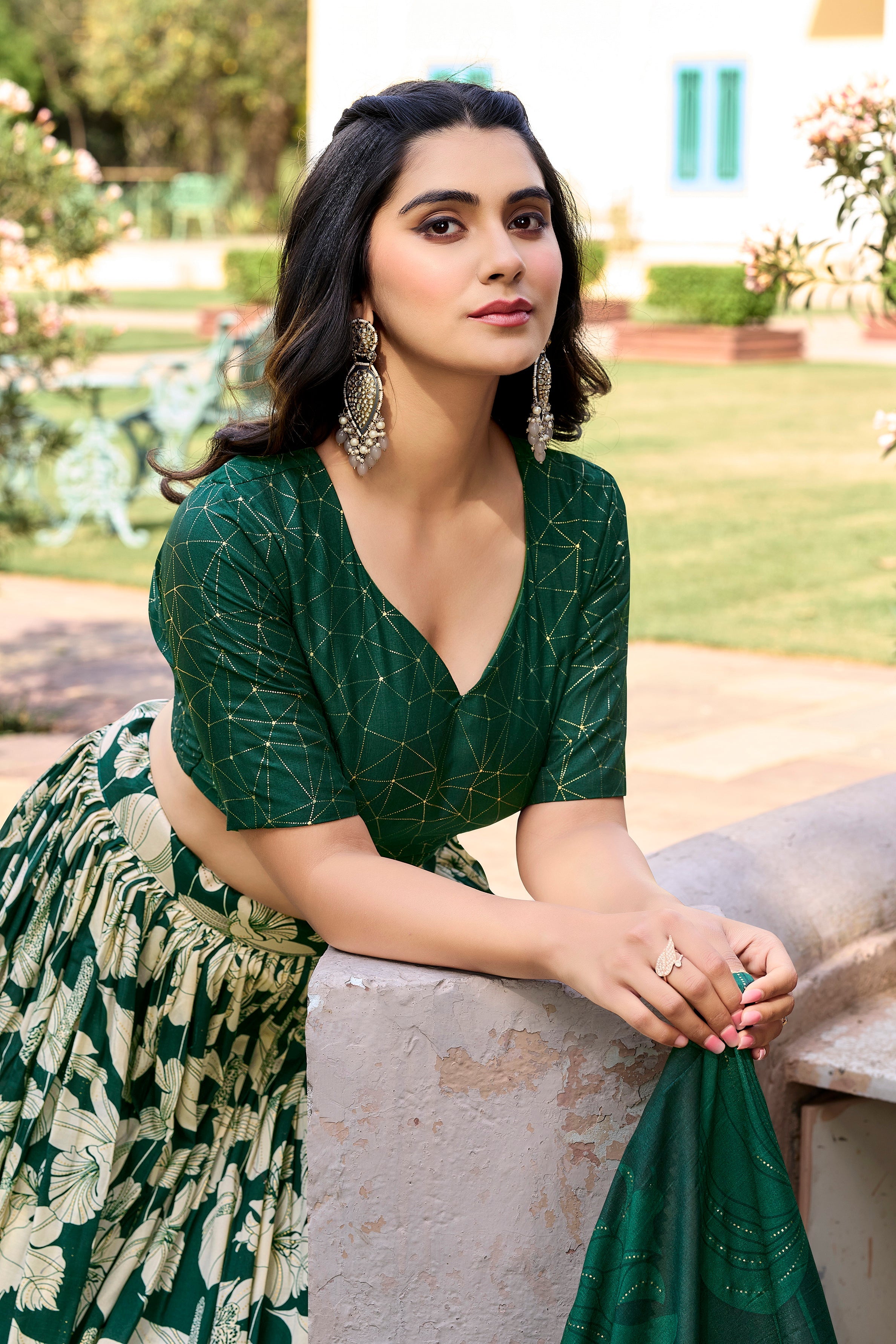 Lorenvalley Green Tussar Silk Floral Printed with Foil Printed Lehenga Choli