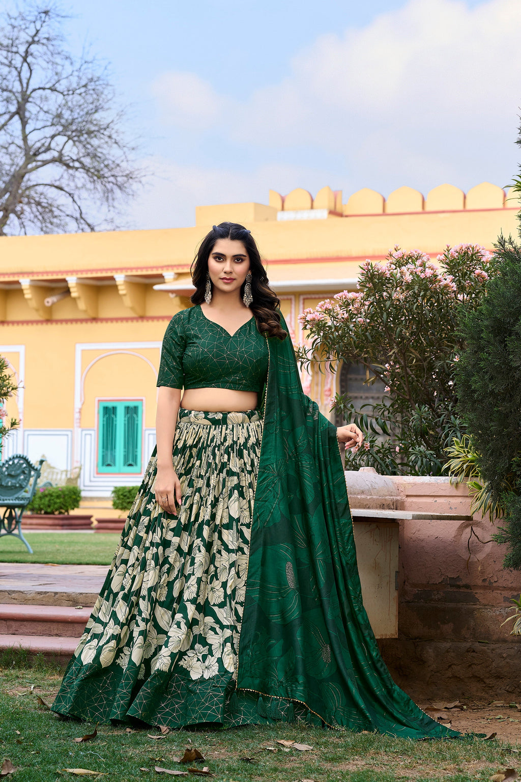 Lorenvalley Green Tussar Silk Floral Printed with Foil Printed Lehenga Choli